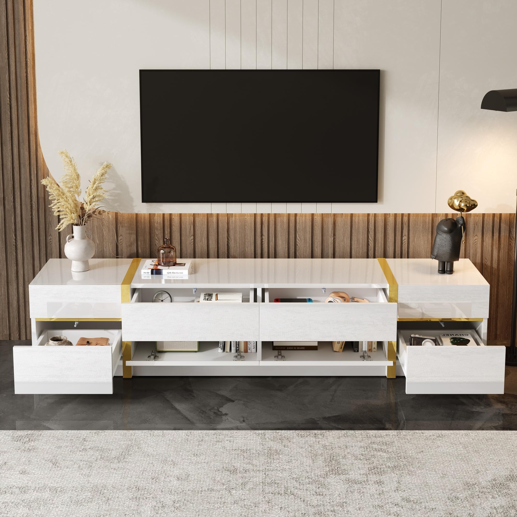 Meuble bas blanc brillant avec accents dorés - Meuble TV bas avec 4 tiroirs et 2 portes - Meuble TV pour grands téléviseurs - Buffet TV moderne pour salon - 180 cm