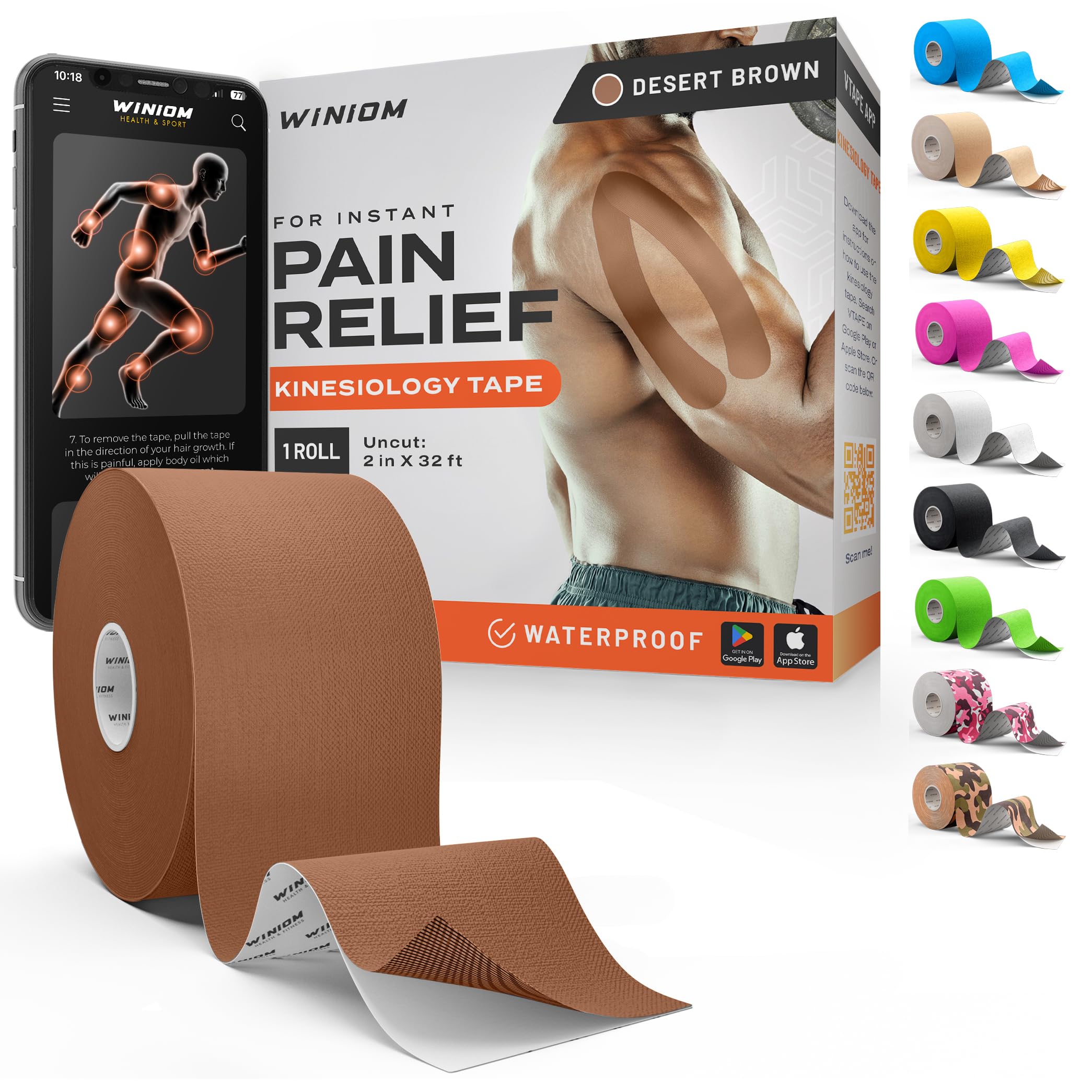 Professional Kinesiology Tape - Waterproof Athletic Sports Tape for Knee, Shoulder, Arm &amp; Back Support | 3-5 Day Adhesion, Hypoallergenic &amp; Latex-Free + Taping Guide (Uncut, 2"x32ft Roll, Brown)
