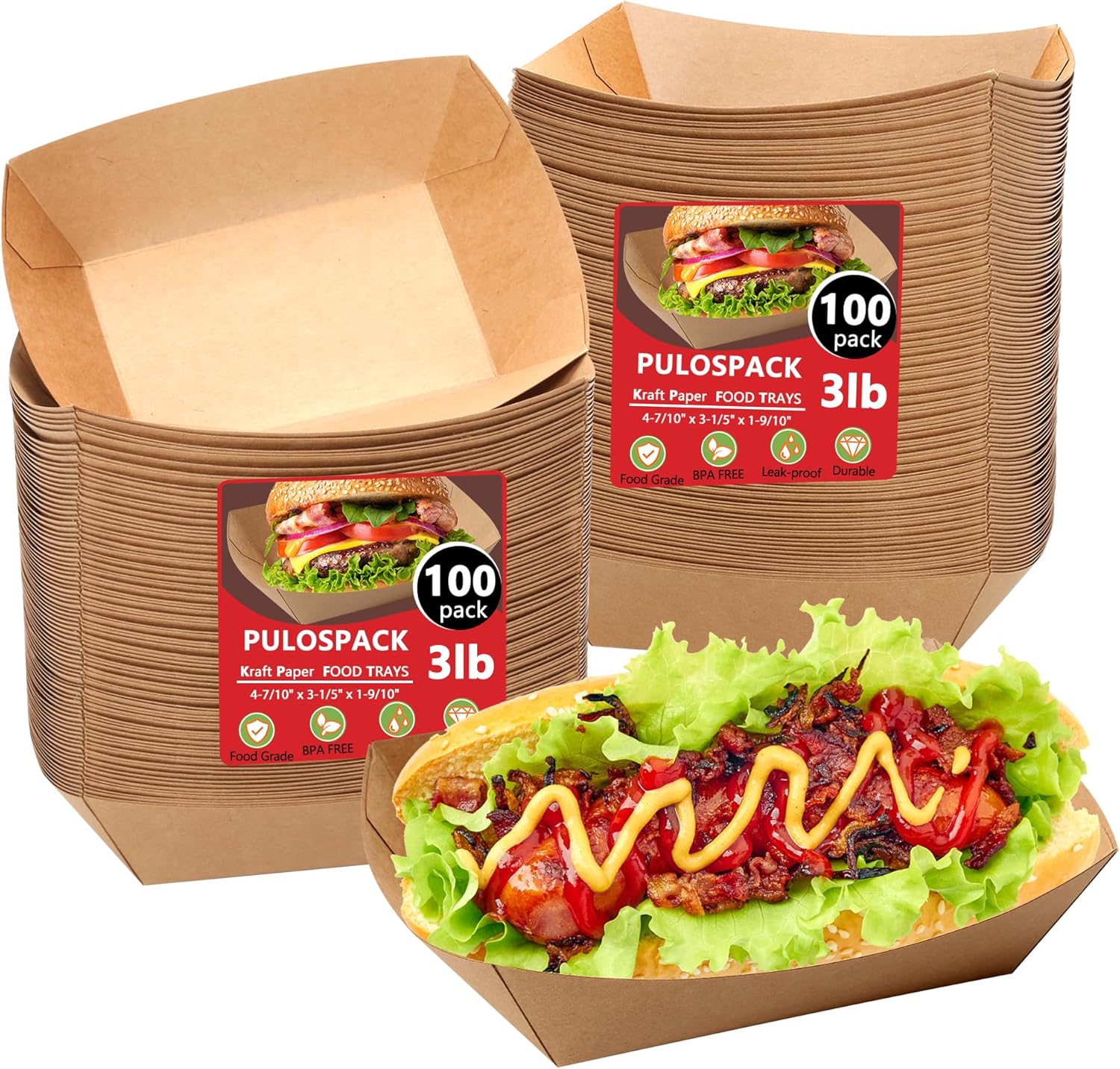 100 Pack 3lb Heavy Duty Kraft Leak Proof Paper Food Boats Disposable Nacho Trays Takeout Trays for Chips, Hot Dogs, Popcorn, Snacks, BBQ, Party, Picnic, Wedding