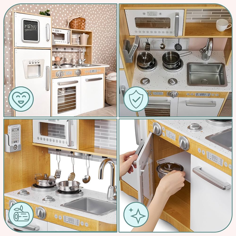Cucina Giocattolo Bambini In Legno Happy Kitchen - 35 Accessori, Lavello Acciaio, Altezza Regolabile