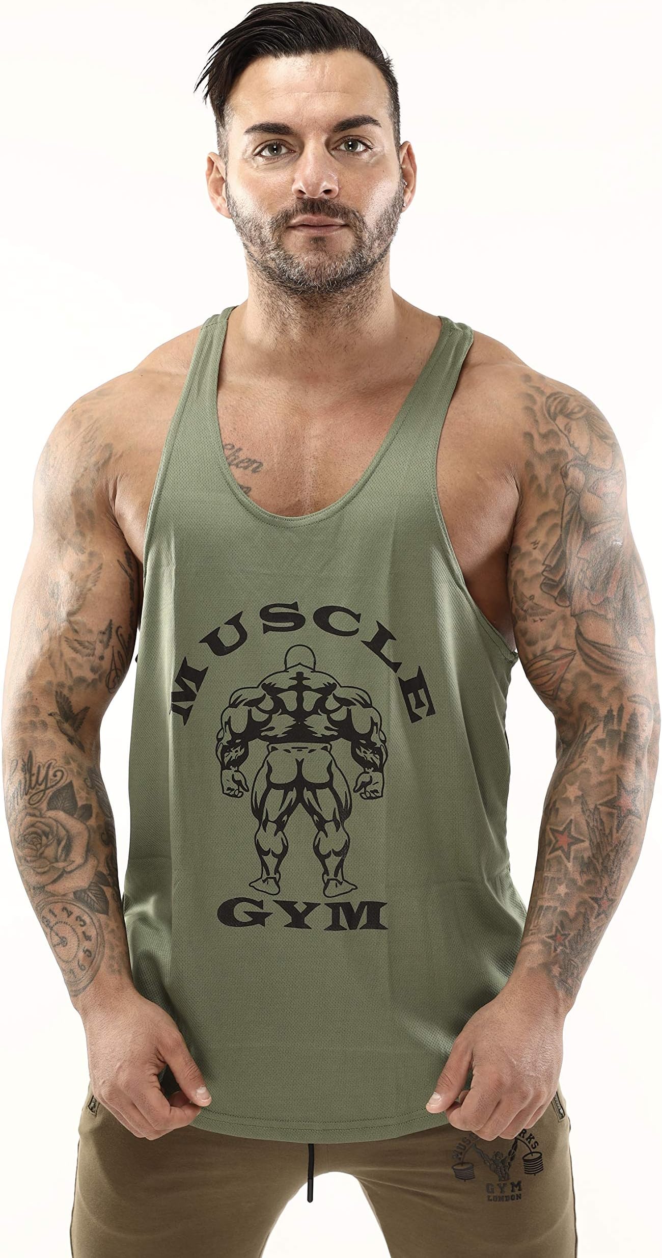 MUSCLE GYM Mens Vest Tank Top, Low Cut Gym Stringers Bodybuilding Army Green