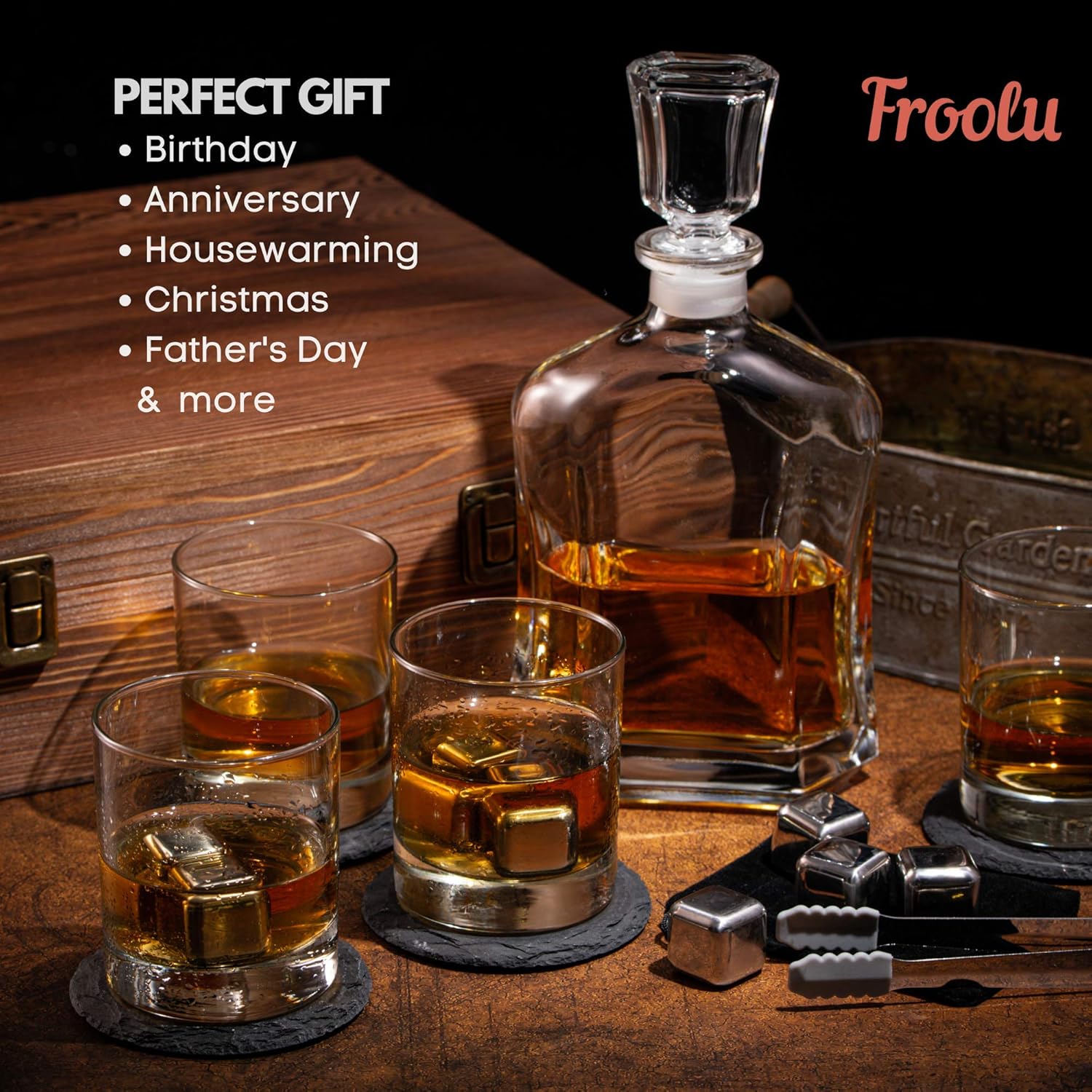 Whiskey Decanter Set in Wooden Gift Box - Includes Decanter, 4 Scotch Glasses, 4 Natural Slate Coasters, 8 Chilling Stones & Rubber Grip Tongs - Great Mens Home Bar Gift for Him, Husband, Dad