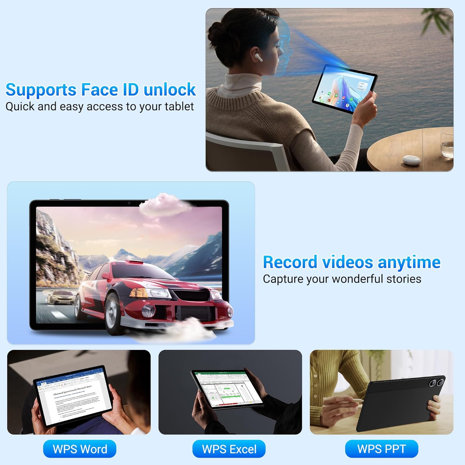 BEYNIVAN Android 15 Tablet showing Face ID, video recording, and WPS applications