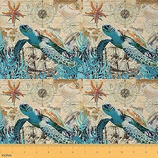 Sea Turtle Fabric by The Yard 1 Yard Nautical Sailboat Anchor Decorative Waterproof Outdoor Fabric Compass Print Sea Adventure Upholstery Fabric Summer Ocean Voyage DIY Reupholstery Fabric