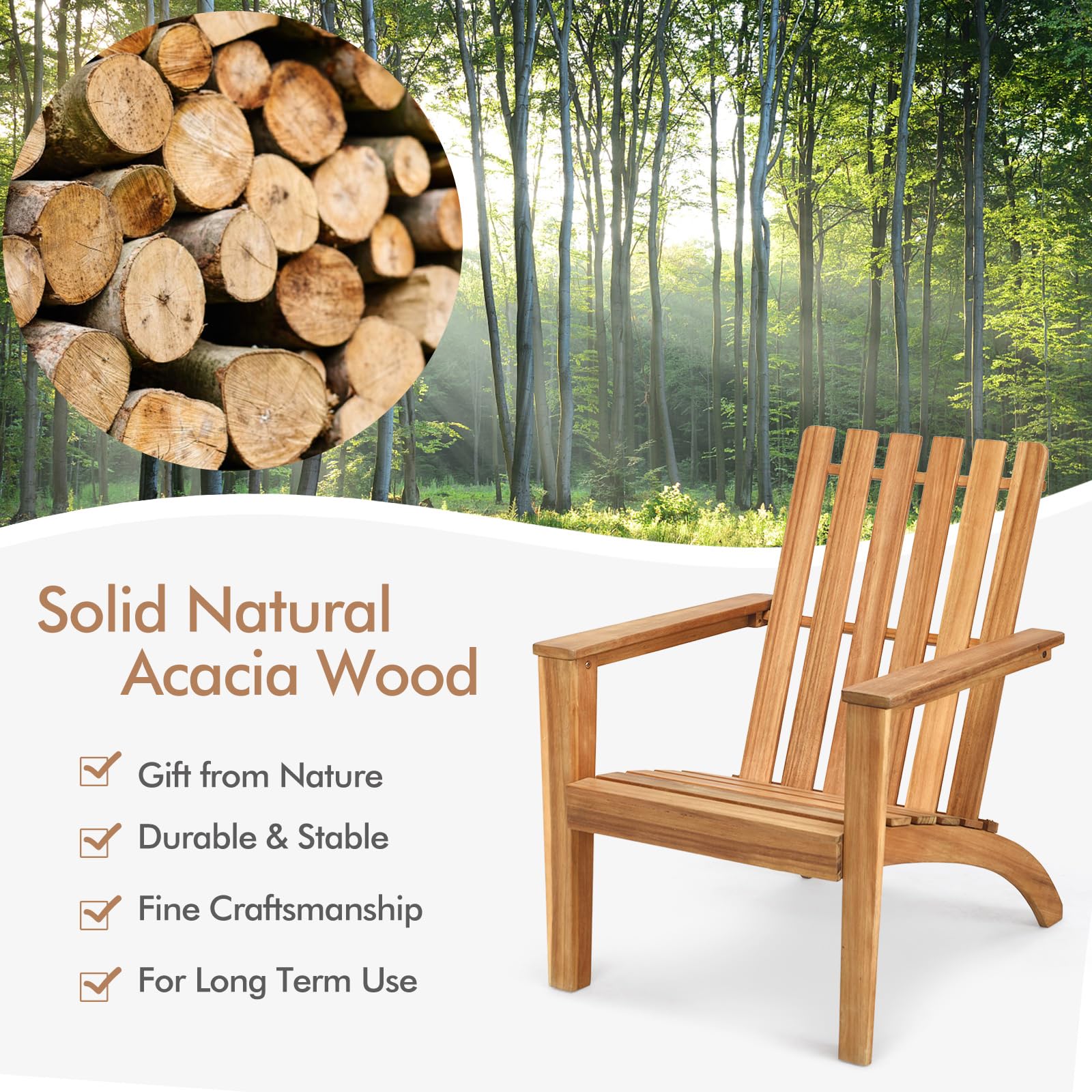 KOMFOTTEU Adirondack - Sedia da giardino in legno di acacia, con schienale e braccioli, ergonomica, da giardino fino a 160 kg, per balcone, giardino, spiaggia (naturale)