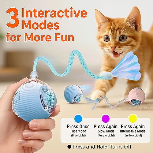 Miniatura 5 de Paquete de 2 juguetes interactivos para gatos, combo rosa y azul, bolas rodantes automáticas con cola larga y pluma, 3 modos y recargable por USB