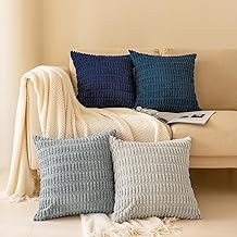 Softalker Throw Pillow Covers 18x18 Inch, Set of 4, Corduroy Soft Striped Farmhouse Boho Pillow Cover, Modern Decorative Cushion Pillow Case for Couch Sofa Bedroom Living Room, Grey/Blue