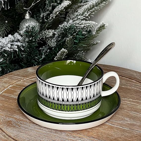 Ceramic Tea Cup,Ceramics Travel MugCoffee MugTea and Saucer Set, Vintage Green Coffee Mug, Porcelain Mugs for Home Kitchen 250 ml / 8 Oz