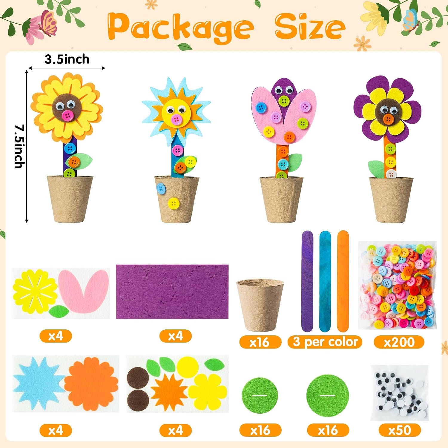 WATINC Summer Felt Flower Craft Kits - Make Your Standing Flowers Gift Crafts with Buttons Flower Pot Decor, DIY Flowers Decorations Home School Fun Activities for Mom Kids (16Pcs)