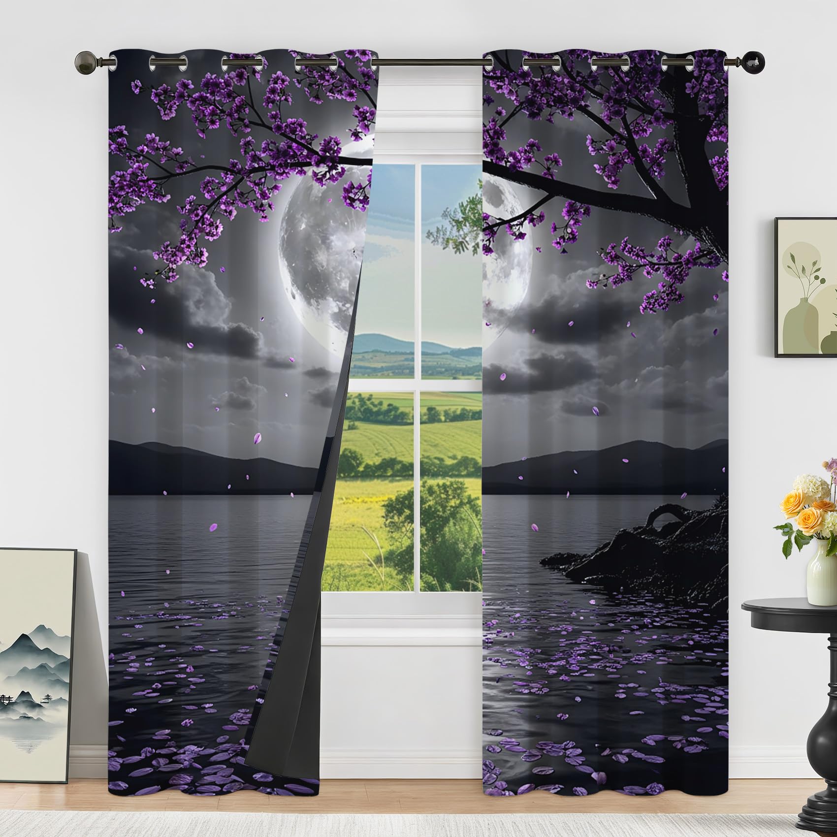 Mondlicht Kirschblüten Vorhänge Blickdicht Wohnzimmer Nacht See Motiv Vorhang mit ösen Gardinen 160 cm Hoch 2er Set Verdunklungsvorhänge für Schlafzimmer Fenster