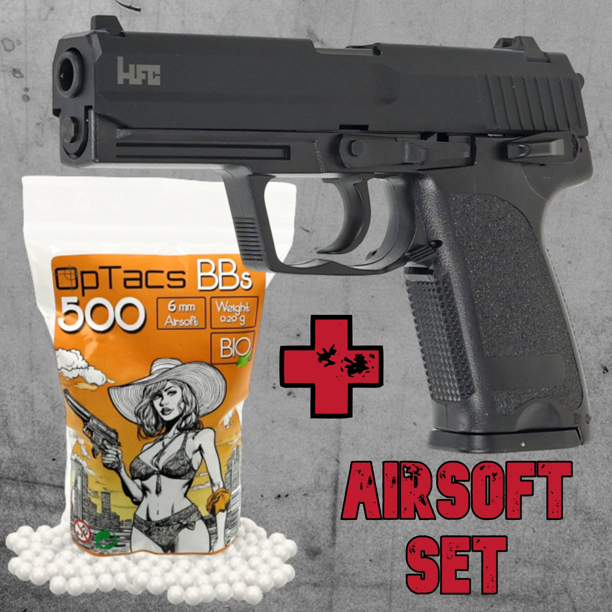 Set Airsoft Pistole HFC USP HA112B - Federdruck Softair Waffe 0,5 Joule 6mm inkl. 500 Premium Bio BB's 0,20g - Spring Powered Air Soft Gun mit 15 Schuss Magazin