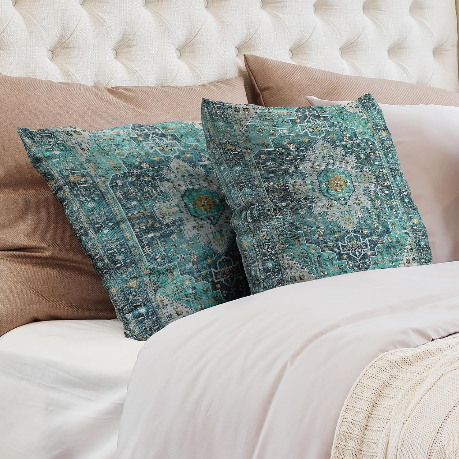 Boho Throw Pillow Covers 22x22 inch Set of 2,Soft Pillowcases Bohemia Carpet Printing Pattern Decorative Sofa Living Room Bed Square Pillow Case Cushion Cover-Cyan image 2