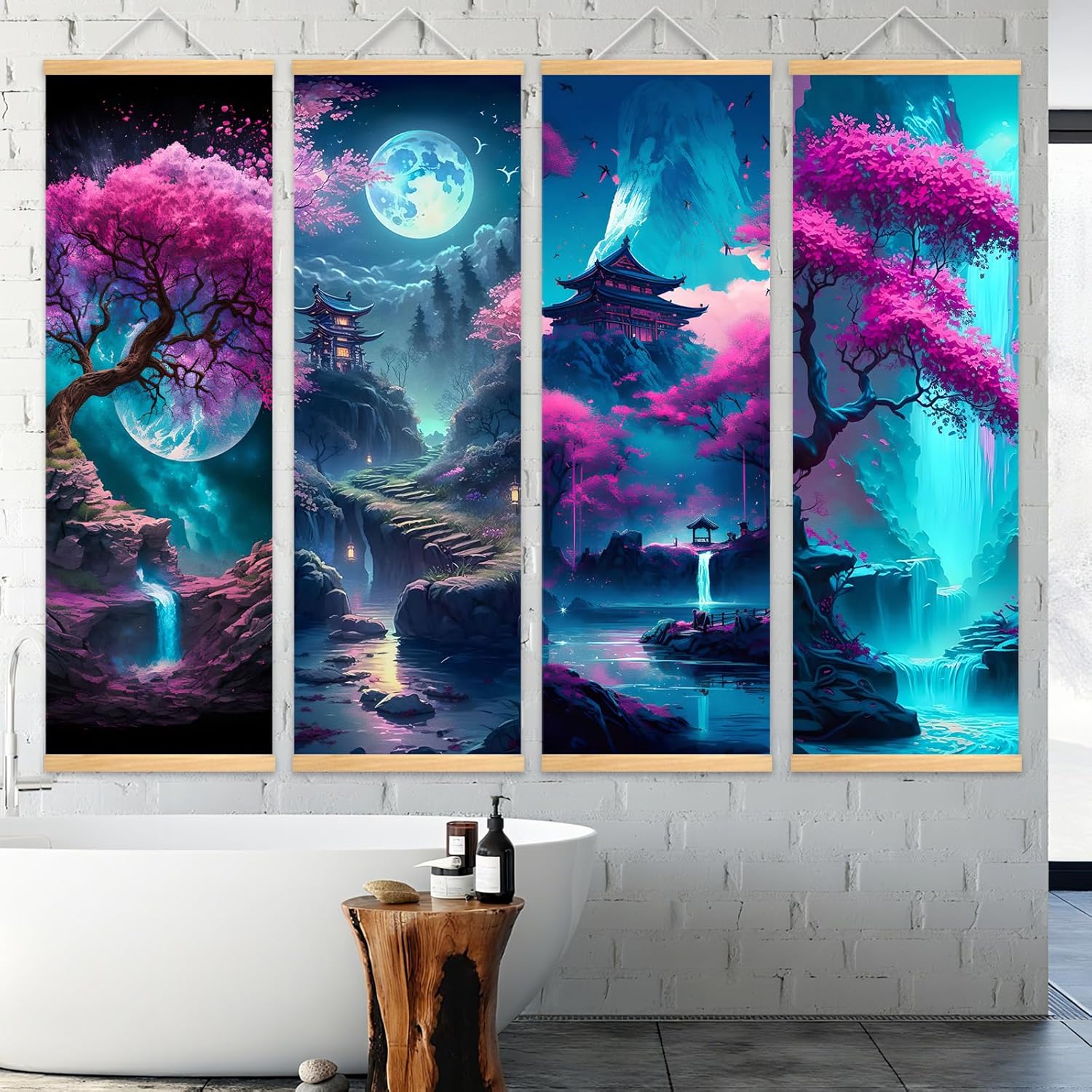 Pennimor 4PCS Japanese Wall Art Set, 15.8x47.2in Japan Landscape Canvas Wall Scrolls Printing, Asian Wall Decor for Bedroom, Living Room, Bathroom, Japanese Painting Hanging Posters