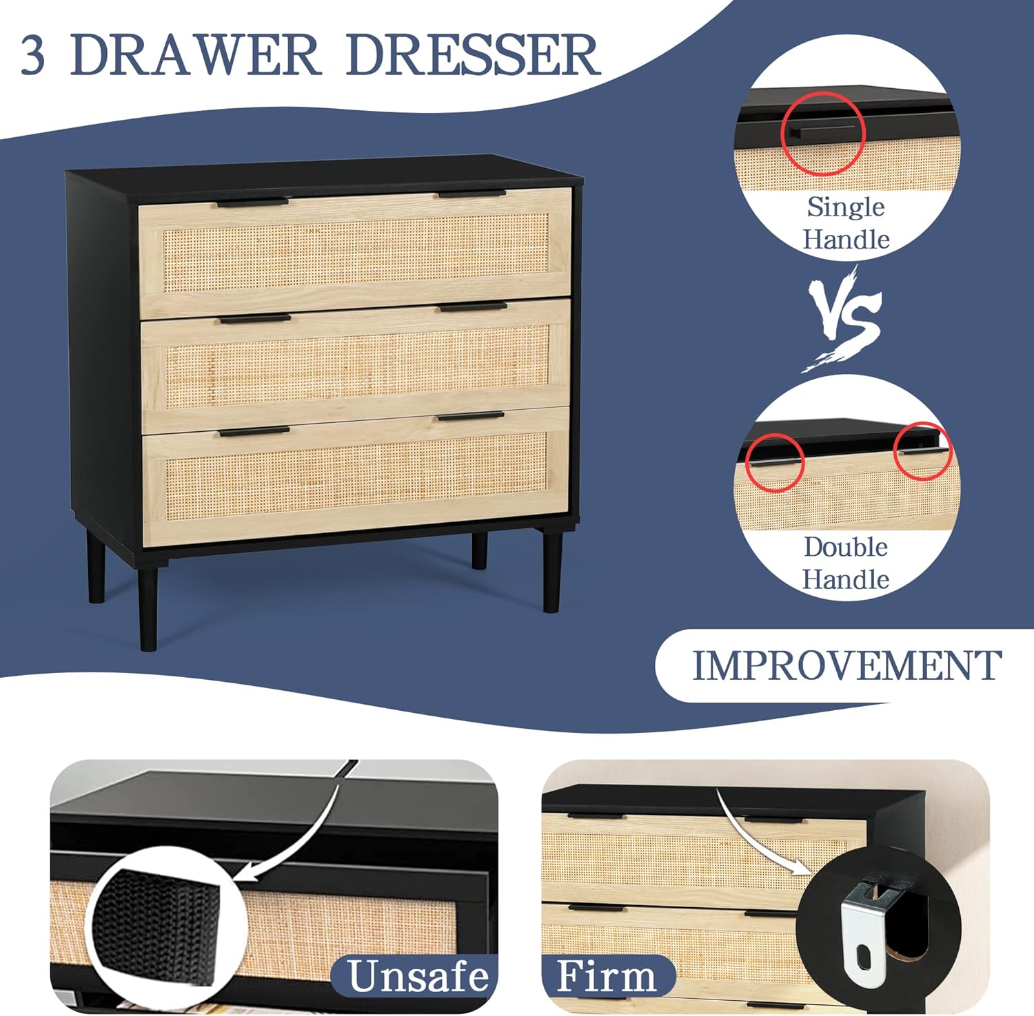 Black and Natural Wood Mid-century Modern Rattan 3-Drawer Dresser