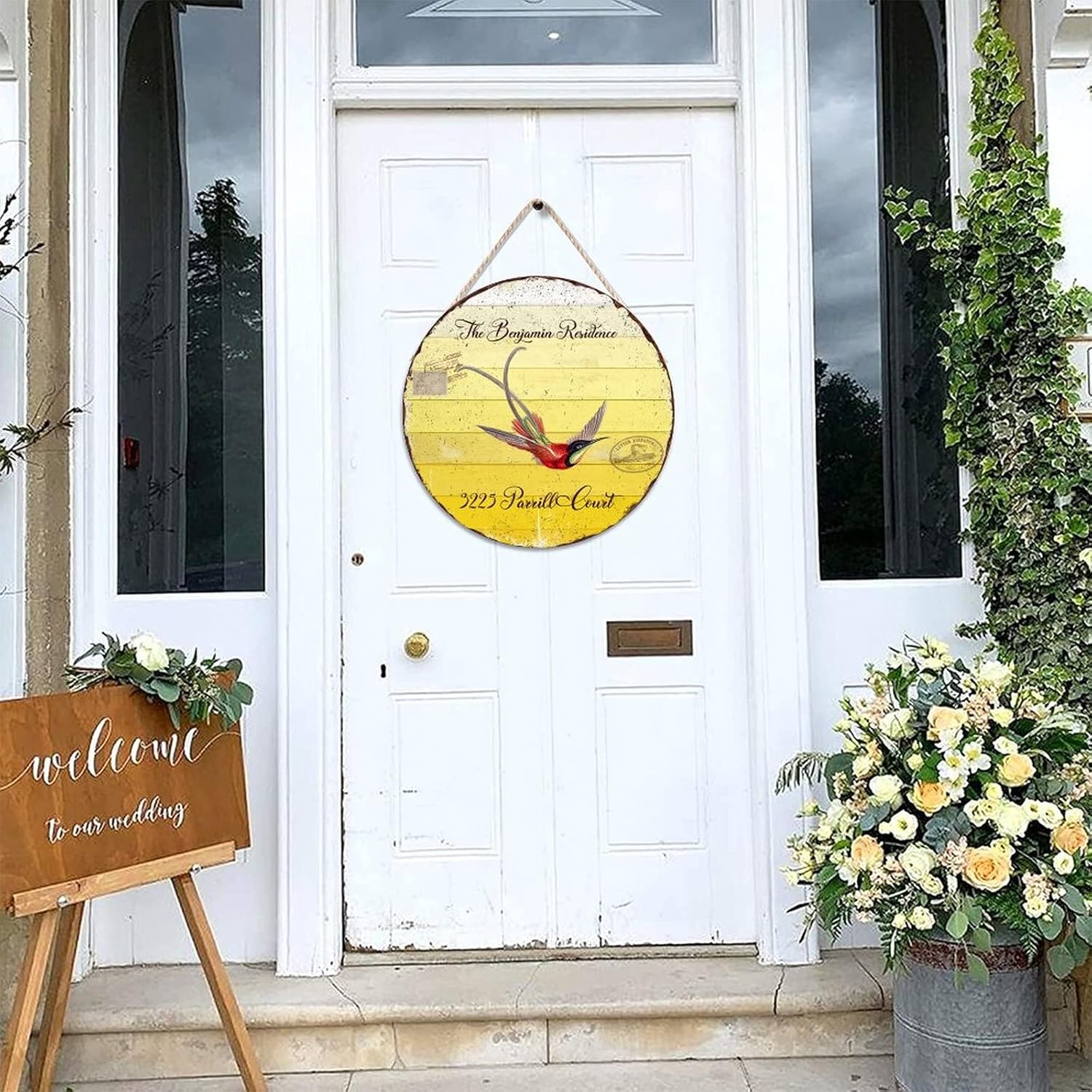 Custom Name Home Address Hummingbird Wood Door Sign, Custom Family Name Round Door Hanger Sign, 16" x16" Wall Hanging Sign Plaque, Decor for Outdoor Front Porch Farmhouse Housewarming Gifts