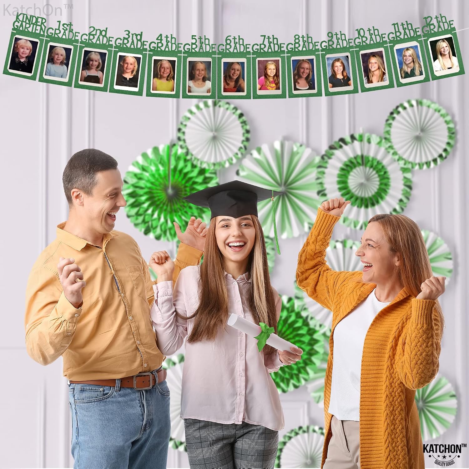 KatchOn, Green K-12 Graduation Photo Banner 5x7-10 Feet, Green and Gold Congrads Balloons - 16 Inch | K-12th Grad Photo Banner for Graduation Decorations Class of 2024 | Graduation Party Decorations