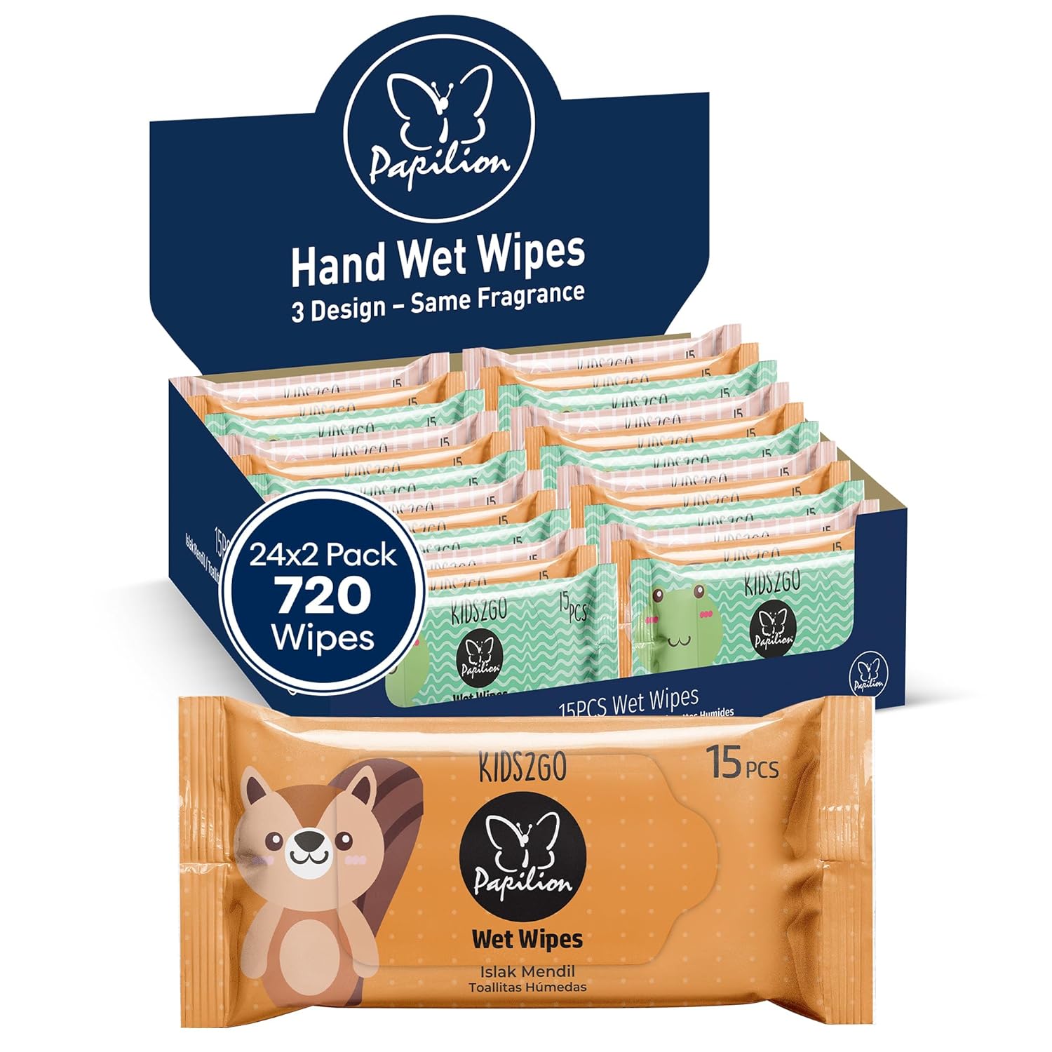 PAPILION Kids2Go Travel Hand Wipes, 48-Pack (720 Count Total), Gentle Hand Cleansing Wipes for Children, Resealable Packs for School, Trips, Camping & Outdoor Play, Quick Refreshing Clean On the Go