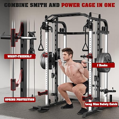 Miniatura 3 de Smith Machine, estante multifuncional con barra Smith y sistema de polea de cable, y máquina desplegable LAT para gimnasio en casa