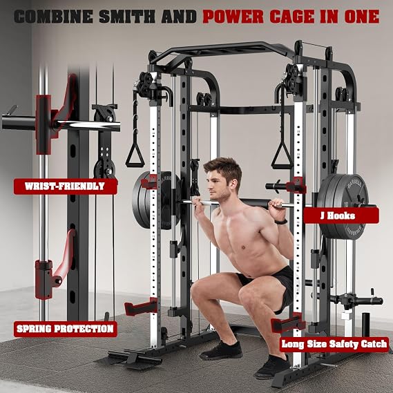 JX FITNESS Smith Machine Home Gym, Power Cage with Lat Pull Down System