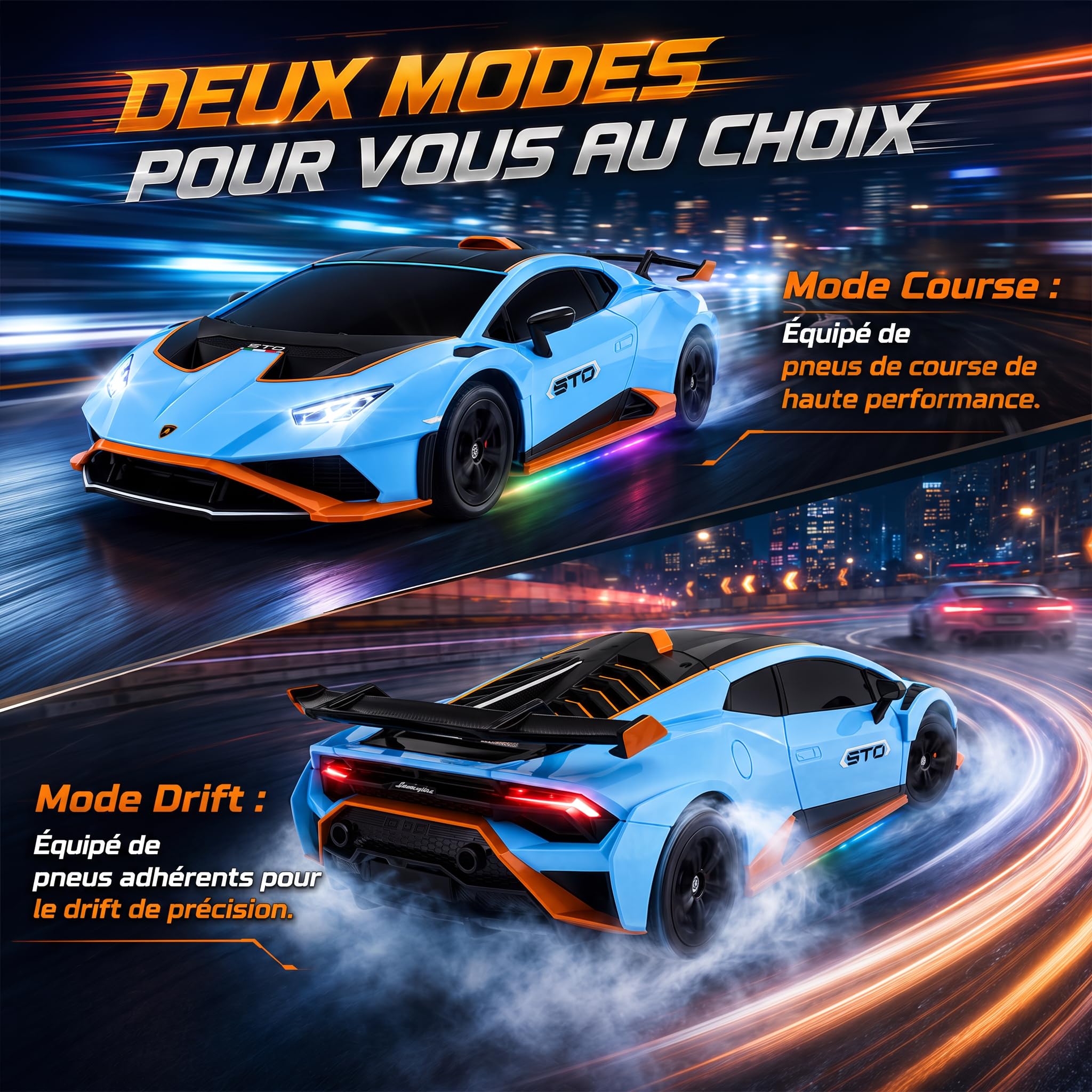 Voiture Télécommandée Lamborghini Huracán STO, Échelle 1:24 Officiellement Licenciée, Voiture Jouet Lambo Haute Vitesse 25 km/h Drift RC avec Lumière LED, Modèles 2.4GHz pour Garçons Filles Adultes