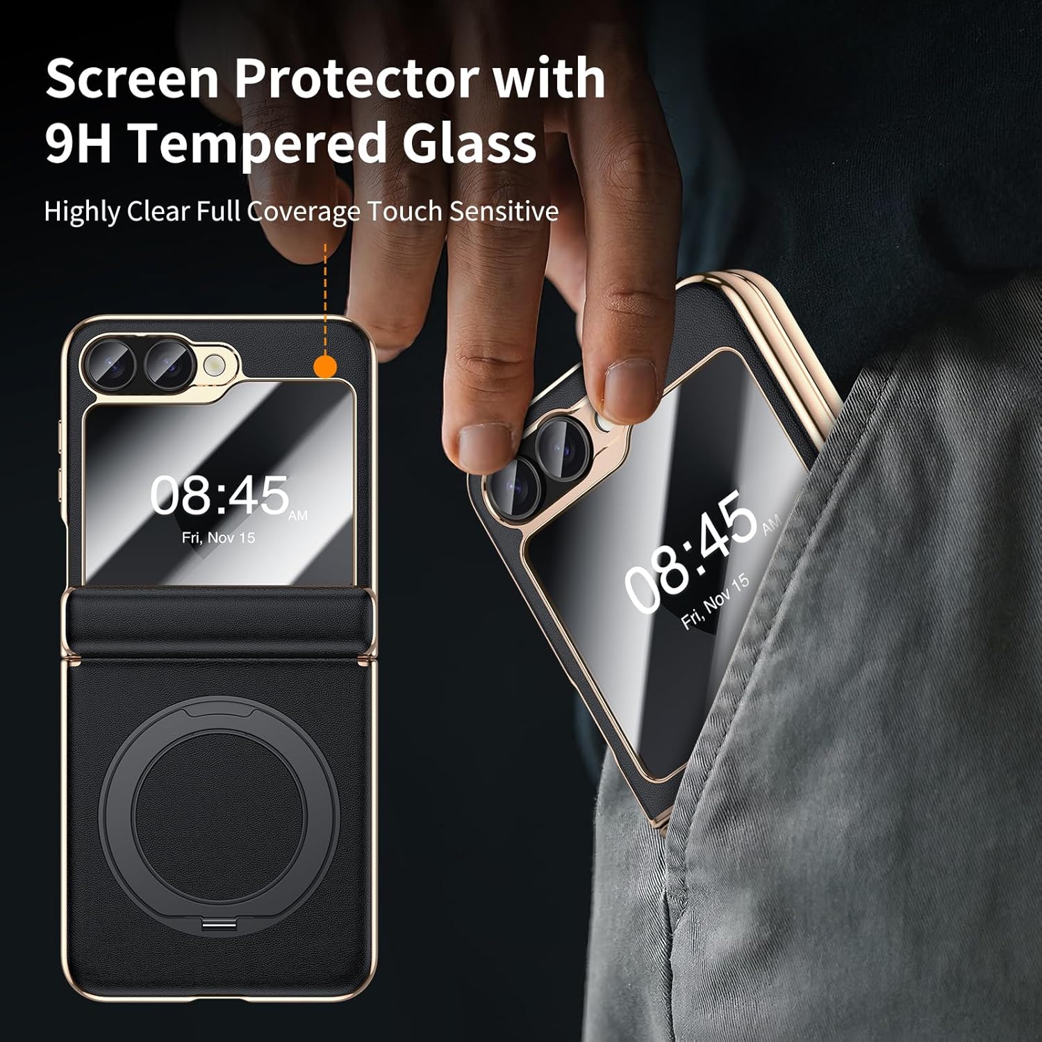 for Galaxy Z Flip 6 Case Luxury Leather with Screen Protector [Hinge Protection],Fit for Magsafe,Magnetic Kickstand & Ring Holder for Samsung Z Flip 6 Case Black