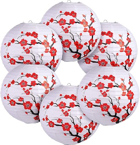 Blulu Paquete de 6 faroles de papel chinos japoneses con flor de cerezo rojo para decoración de fiesta de boda y hogar, 11.8 x 11 pulgadas