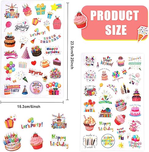 Miniatura 2 de 6 hojas de calcomanías de feliz cumpleaños, variedad de estilos, lindas calcomanías adhesivas para fiestas de cumpleaños, decoraciones de