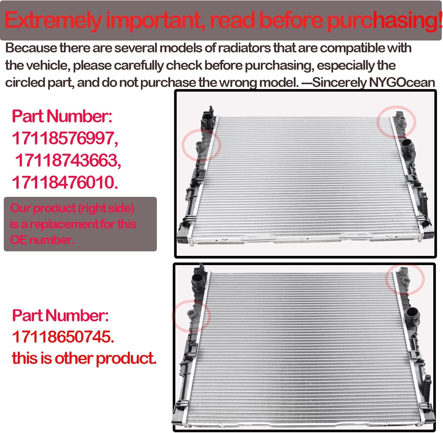 17118576997 17118743663 Radiator (Right) 17118476010 compatible with BMW 740i 640i 520i 530i 530i-xDrive 540i 540i-xDrive