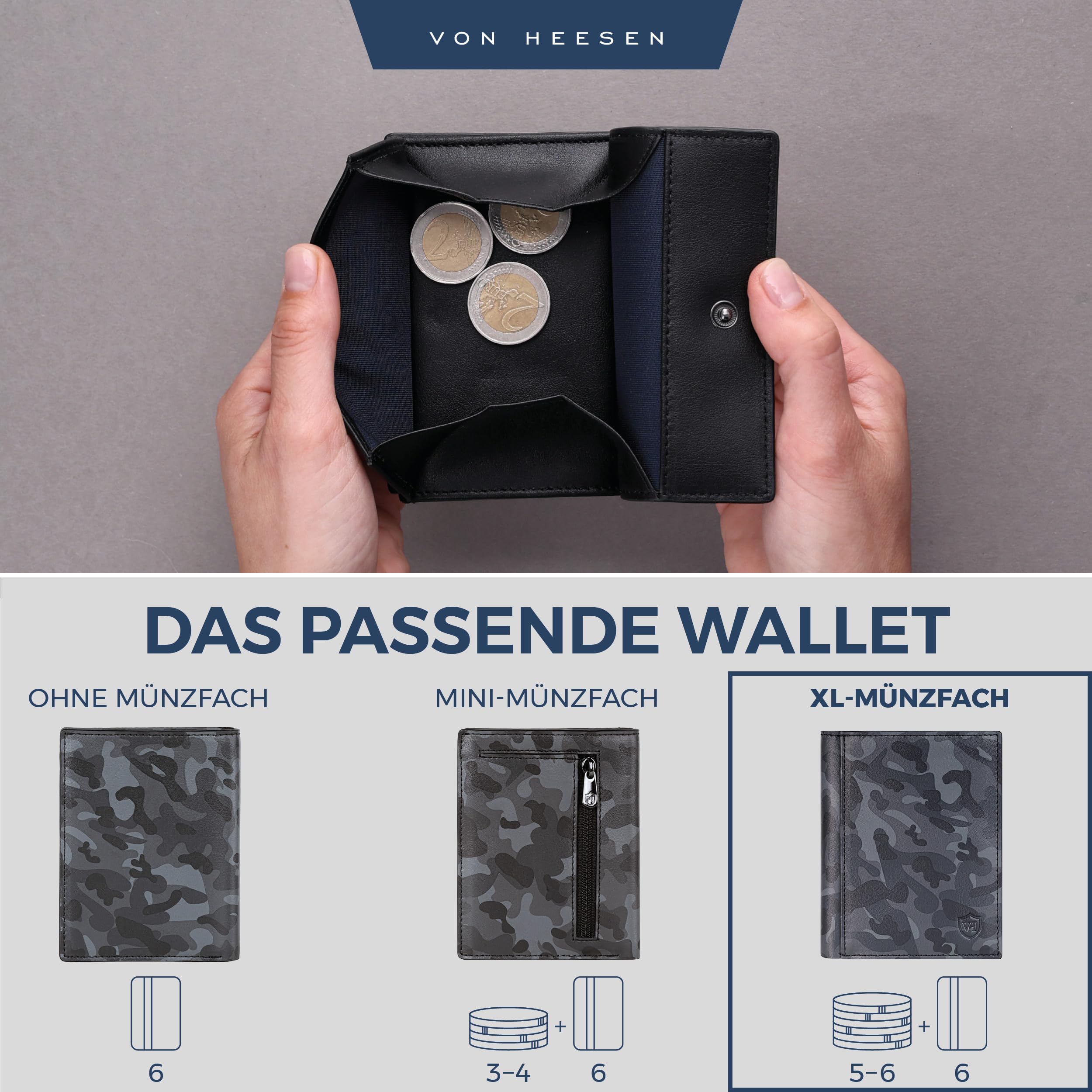 VON HEESEN® Leder Geldbörse mit Münzfach & RFID Schutz Herren & Damen - Echtleder Geldbeutel für Männer & Frauen - Portemonnaie Brieftasche Wallet Portmonee (Camouflage Grau)