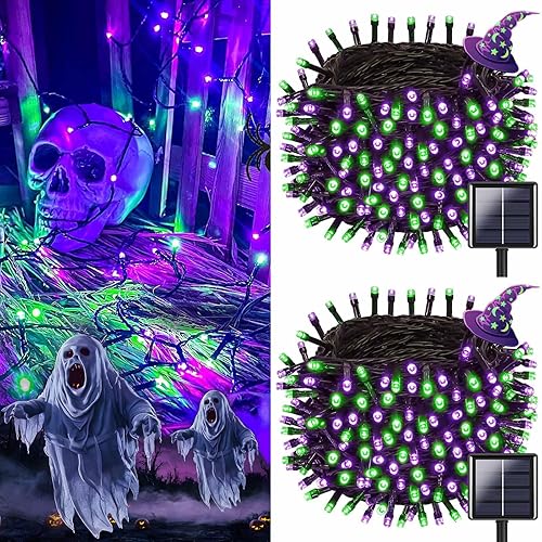 OZS Paquete de 2 luces solares de Halloween de 144 pies, 400 LED, impermeables, 8 modos, luces solares para árbol de Halloween, luces de alambre