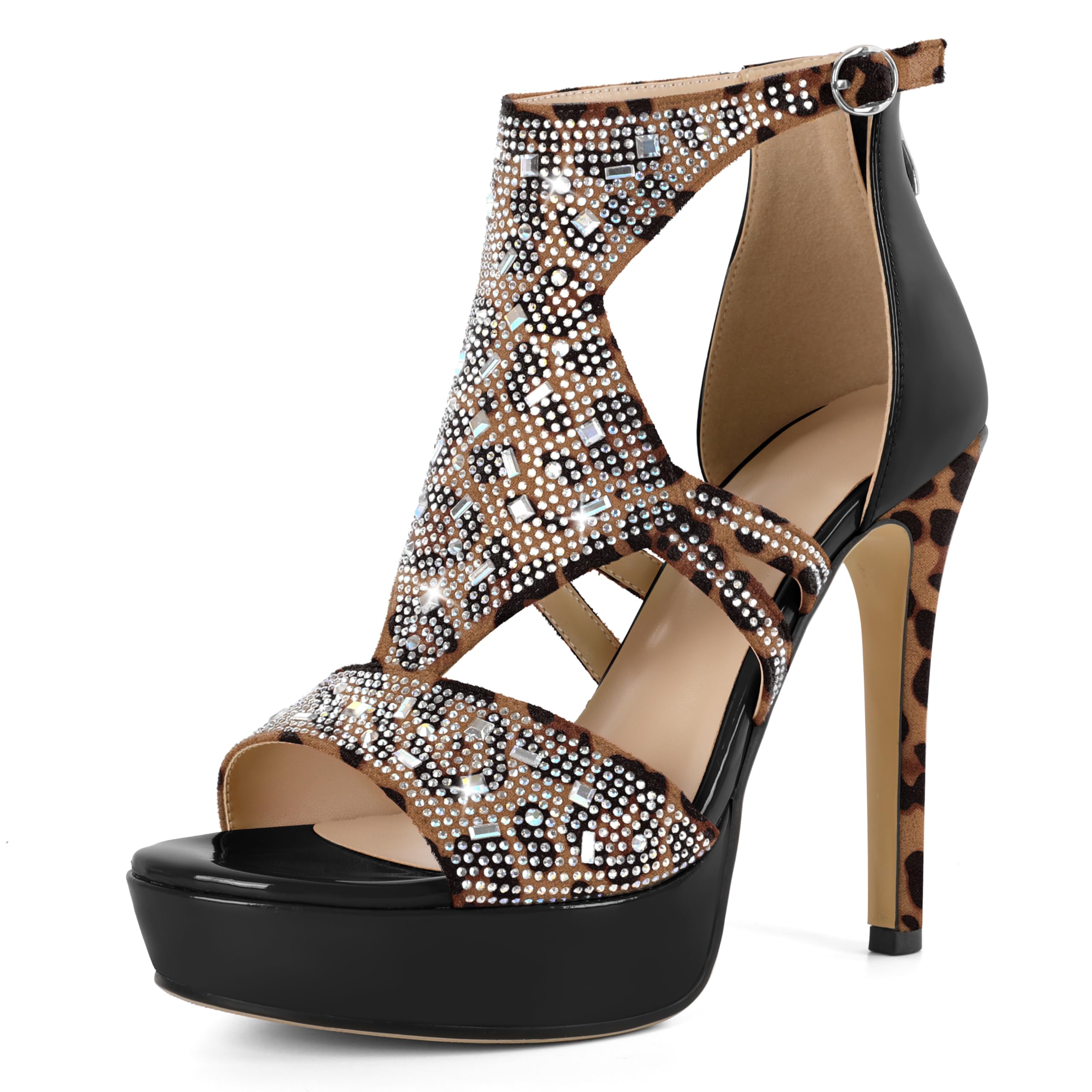 Eldof High Heeled Sandals for Women, Open Toe Strappy Platform Sandals, Cutout Gladiator Heels with Rinestones, Pumps Shoes for Dress Party Evening