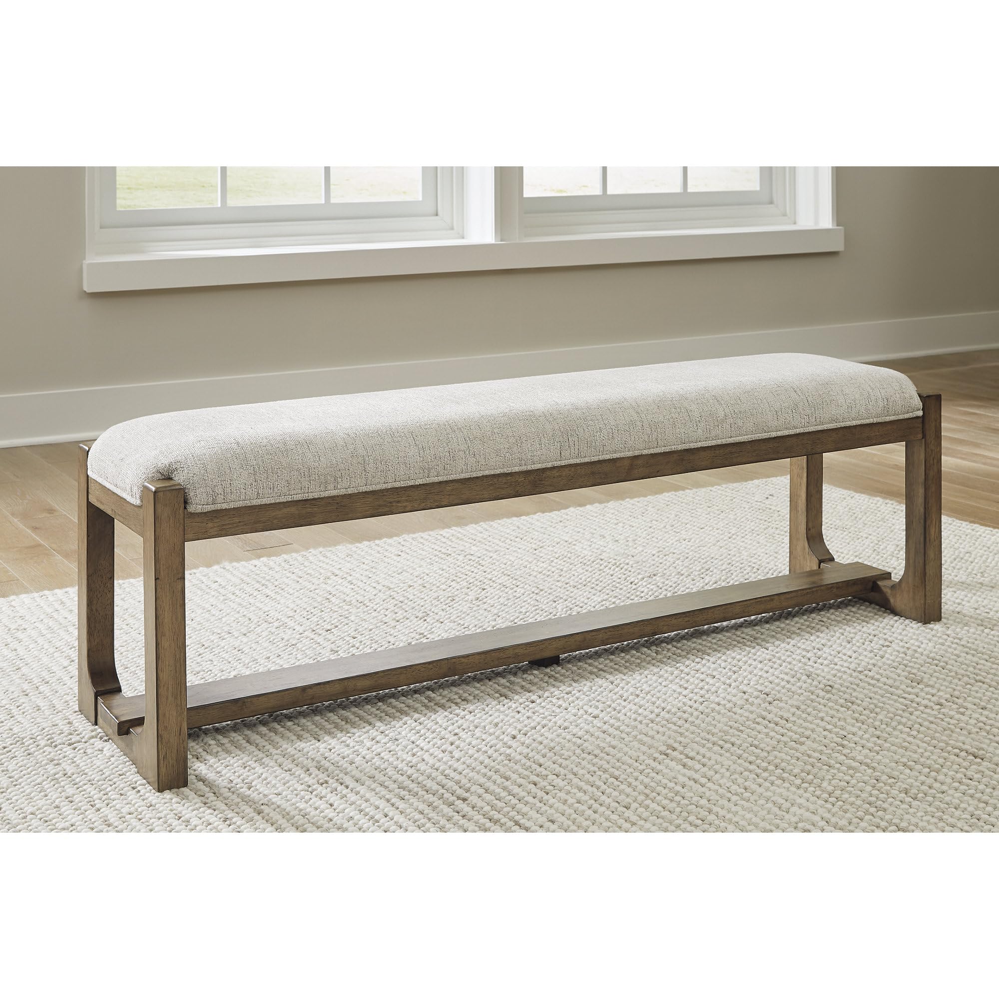 Signature Design by Ashley Cabalynn Farmhouse Upholstered Dining Bench, Foam Cushion, Hardwood Solids, 63.5" W x 16.5" D x 19.75" H, Beige & Light Brown | Hardwood solids and MDF substrates, Comfortable modern farmhouse seating, Versatile 63-inch profile,