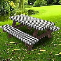 Vista 1 de UMINEUX Funda de mesa de picnic con fundas de banco, ropa de mesa ajustable para mesas rectangulares de 6 pies, respaldo de franela de vinilo