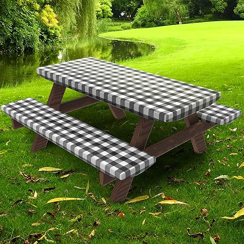 UMINEUX Funda de mesa de picnic con fundas de banco, ropa de mesa ajustable para mesas rectangulares de 6 pies, respaldo de franela de vinilo con