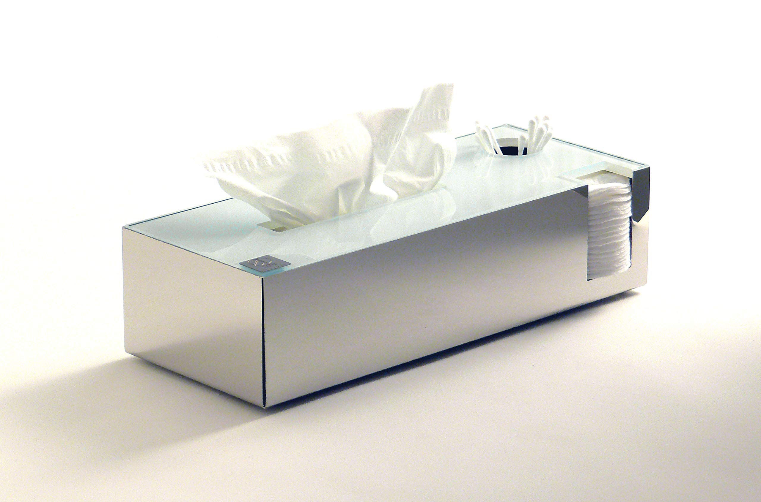 Schönbeck Tissuebox Kombibox aus Edelstahl & Glas – Kosmetiktücherbox, Wattepadhalter, Wattestäbchenhalter – Bad Organizer & Aufbewahrung – Design Box – Made in Germany (Poliert/Weiß)