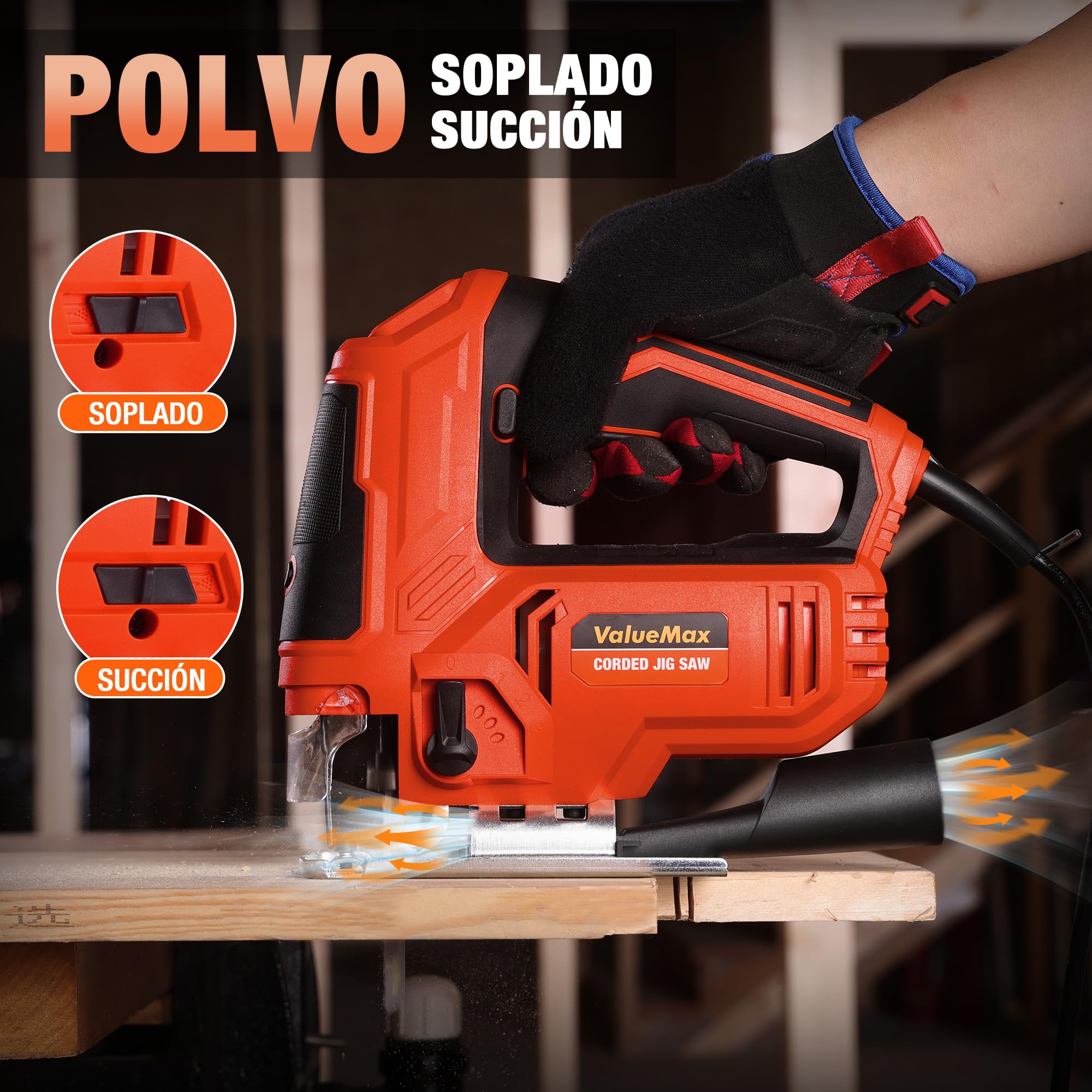 ValueMax Sierra Calar 850W, 6 Velocidades y 4 Modos Corte | Ángulo Ajustable ±45° con Soplado de Polvo, Luz LED y 6 Hojas Incluidas para Madera, Metal y Plástico