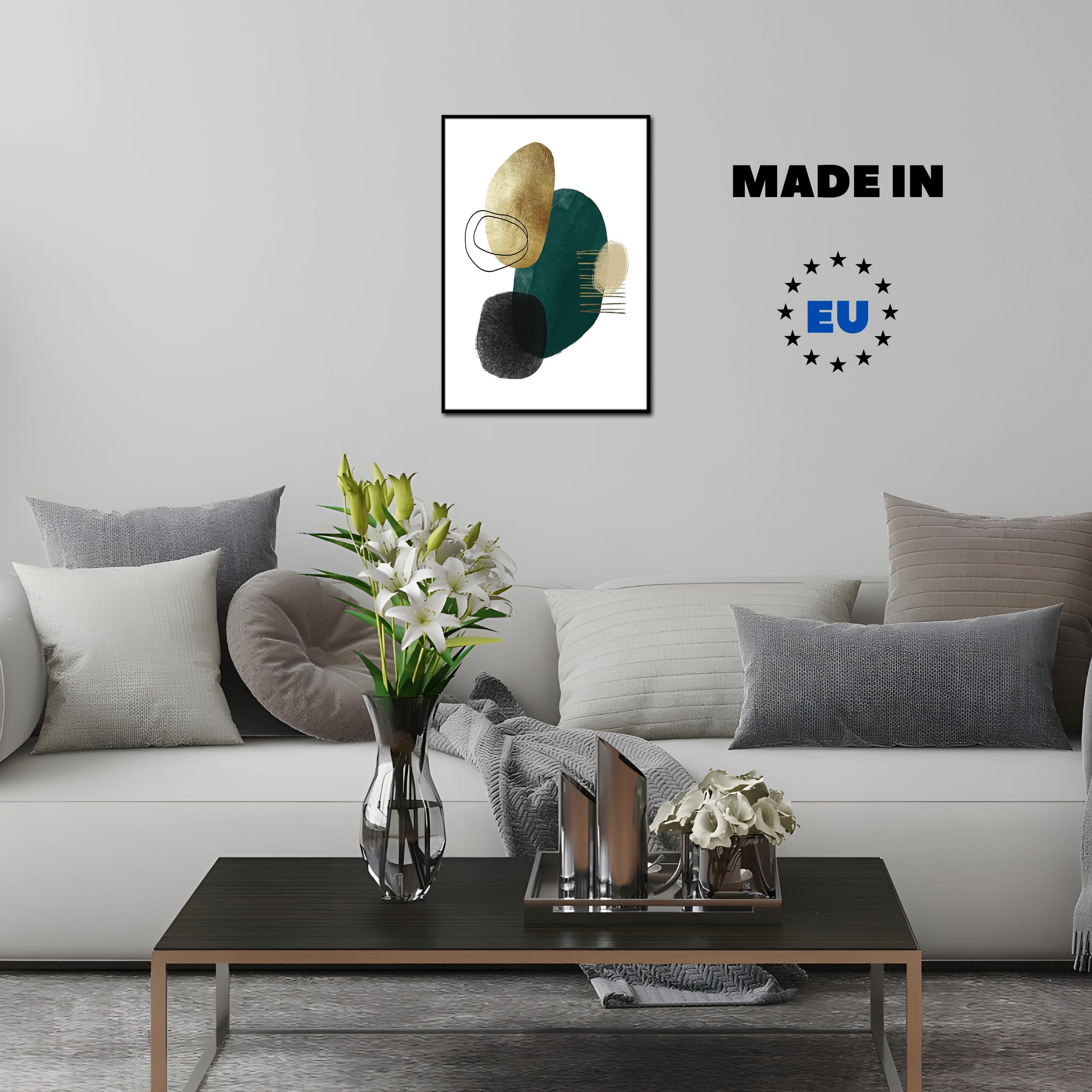 Bild mit Rahmen abstrakt Green Shape 2 | schwarzer Holzrahmen Optik | modern Kunst | farbig Linien und Formen fein | Wohnzimmer Schlafzimmer Arbeitszimmer Büro | schwarz grün gold | 50 x 70 cm
