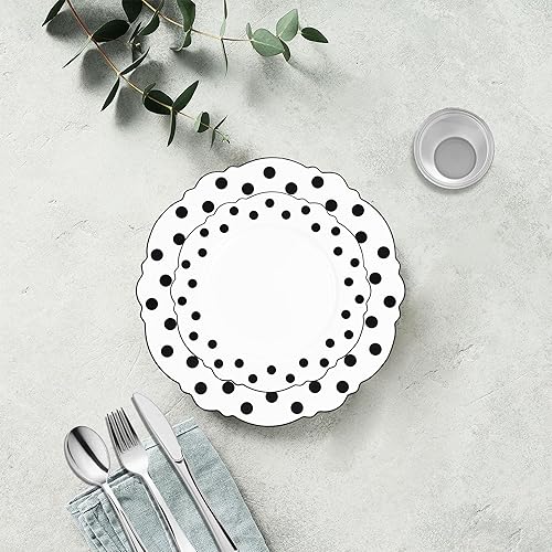 Miniatura 6 de Smarty Had A Party Vajilla desechable de 240 piezas, color blanco con diseño de puntos negros, 120 platos de cena y 120 platos de ensalada, vajilla