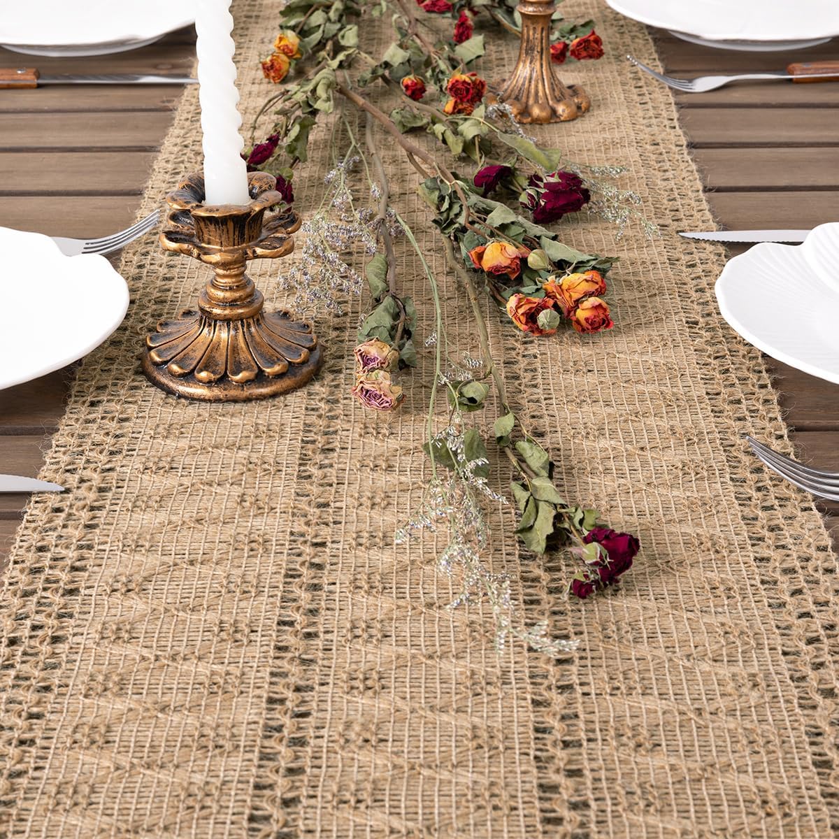 Tazweeq Woven Burlap Rustic Table Runner for Home Decor, Full Twist Table Flag, Cotton and Linen Tassel Table Runner, 12x60 inches Burlap Brown