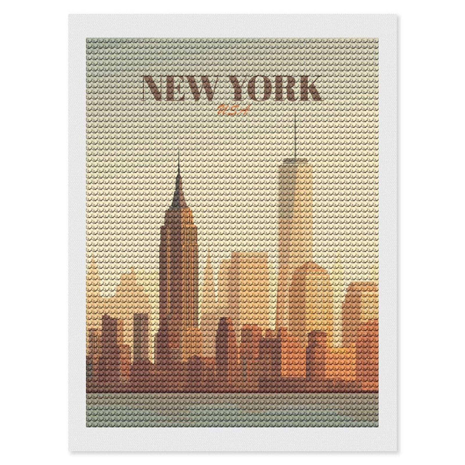 Junmoney New York City Skyline Vintage Crystal Diamond Art Kit 12"x16", Modern Decor, Boho Decor, Wall Art Gift, Decorative Artwork, Creative Hobby