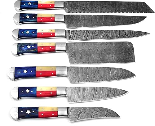 Miniatura 3 de Juego de 7 cuchillos de cocina profesionales hechos a medida de acero de Damasco  El juego de cuchillos de cocina de chef incluye picadoracuchillo