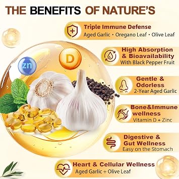 Aged Garlic Extract - 1530mg with Vitamin D, Zinc, Oregano & Olive Leaf | Odorless Garlic Supplements, Heart & Immune Support Herbal Formula Antioxidant Supplement, 300 Softgels