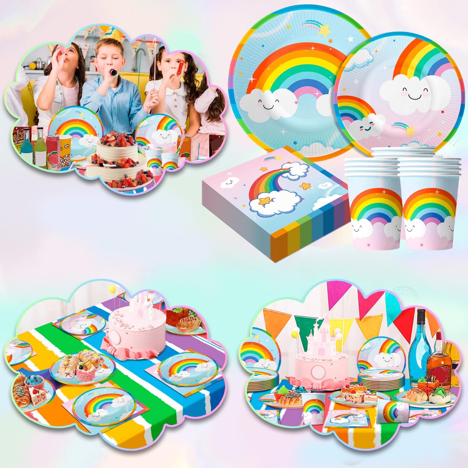 20 Guests Rainbow Birthday Party Tableware, Include Colorful Plates Cups Napkins Tablecloth etc Rainbow Birthday Party Decorations - Image 4
