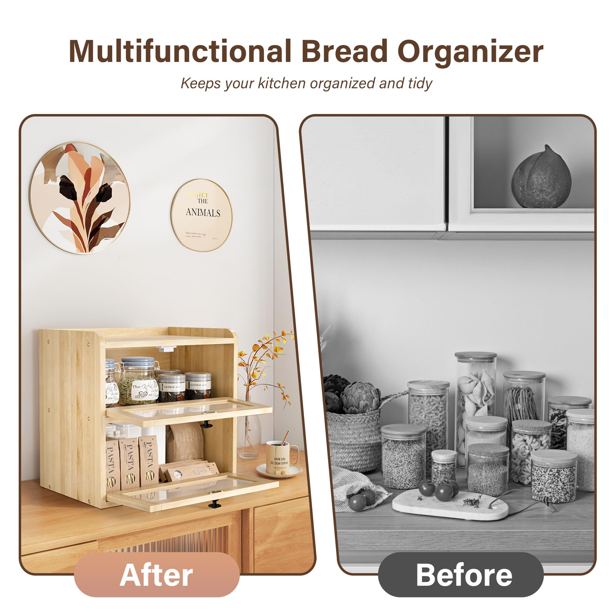 Panera de Madera, Caja Contenedor para Guardar el Pan de Doble Capa con Puerta de Acrílico, Organizador de Encimera para Cocina, Almacenamiento para Bocadillos y Frutas, 36.5x24x34 cm