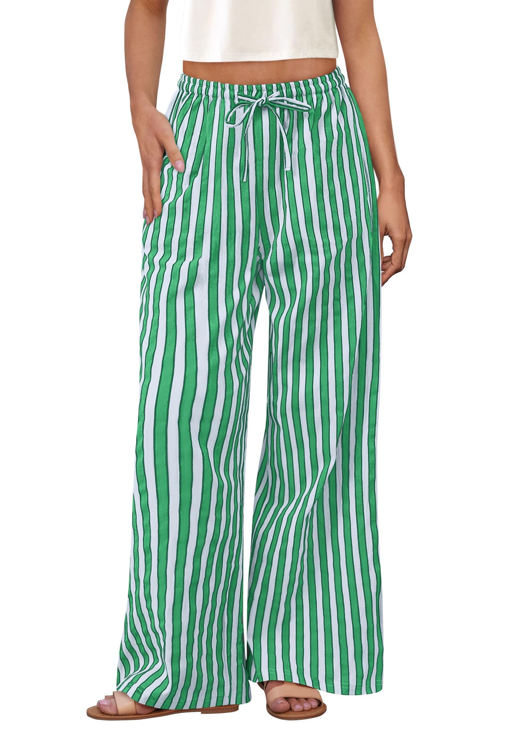 PRETTYGARDEN Women's Wide Leg Lounge Pants Spring Summer Drawstring Elastic Waist Comfy Striped Pajama Bottoms Trendy Clothes