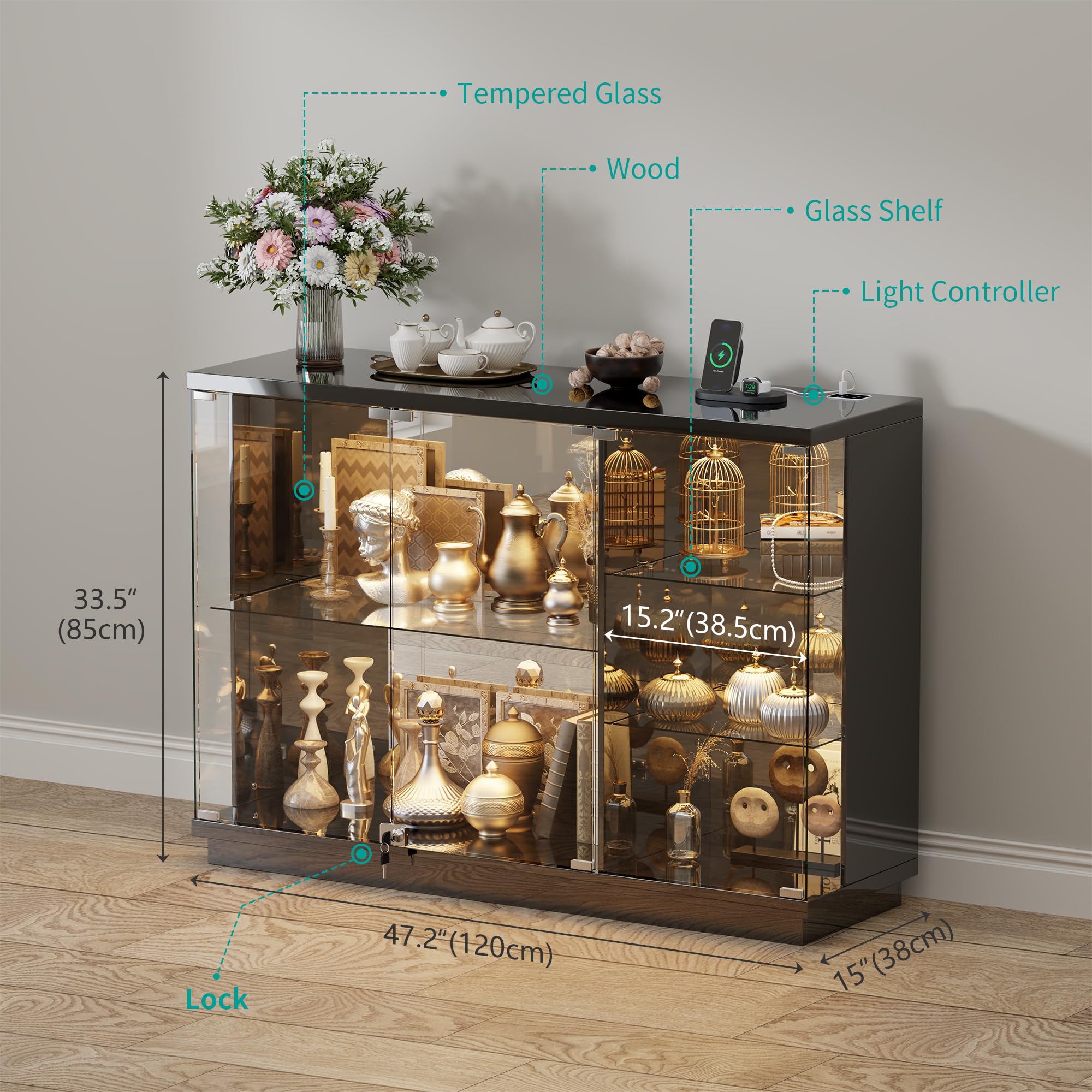 Guerxl Vitrina con Iluminación LED Y Función de Carga para Salón,120 CM Largo Vitrinas de Crista con Sensores Inteligentes Y Estantes de Vidrio Extraíbles para Oficina Personal,Coleccionables,Negro