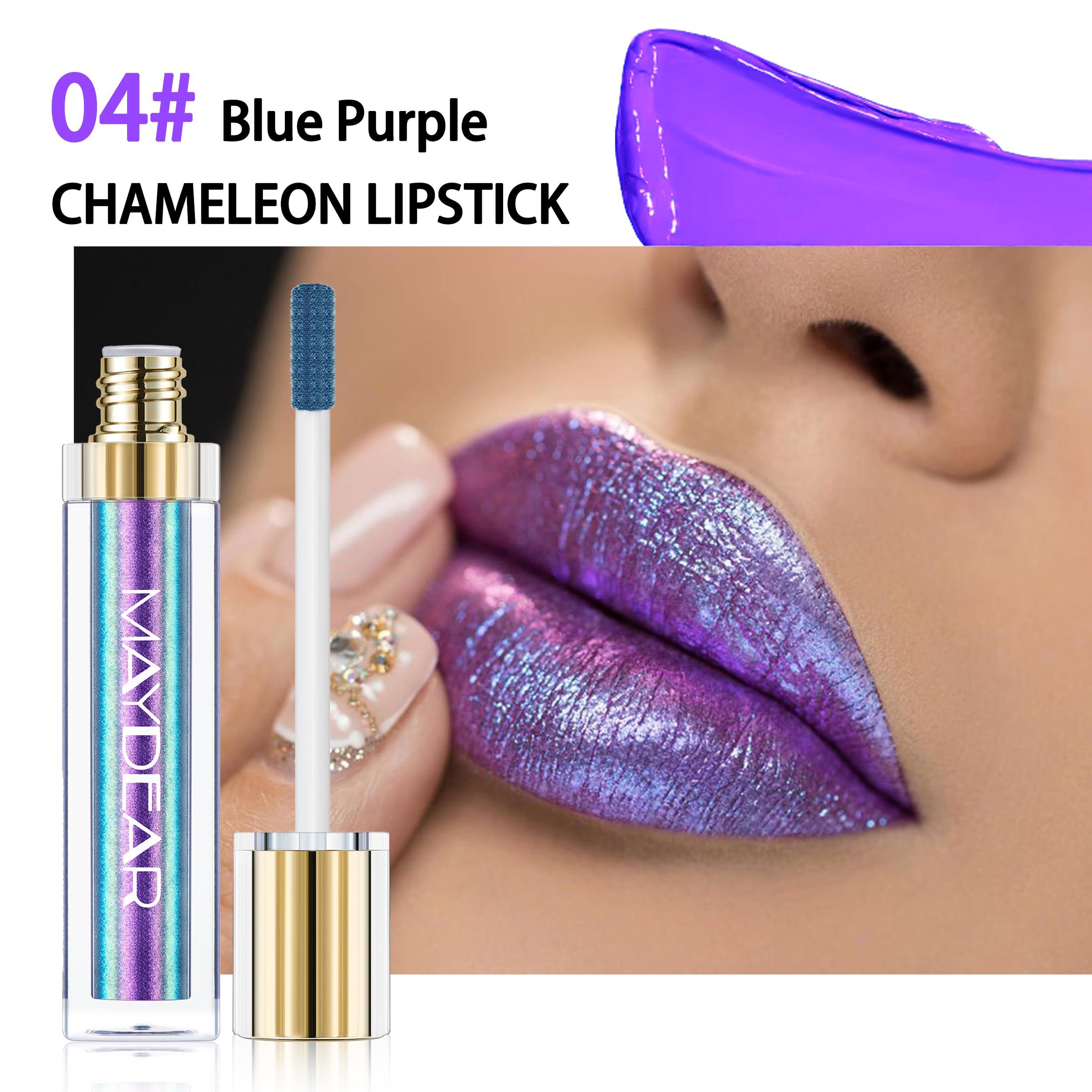 Maydear Chamäleon-Lippenstift, langlebiger, wasserfester, bunter, diamantschimmernder Lipgloss für Frauen und Mädchen, Make-up-Set