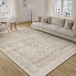 6x9 Washable Beige Vintage Area Rug for Living Room Bedroom Large Traditional Low Pile Soft Carpet Non-Slip Thin Retro Distressed Accent Throw Rug for Dining Room Office Kitchen Indoor
