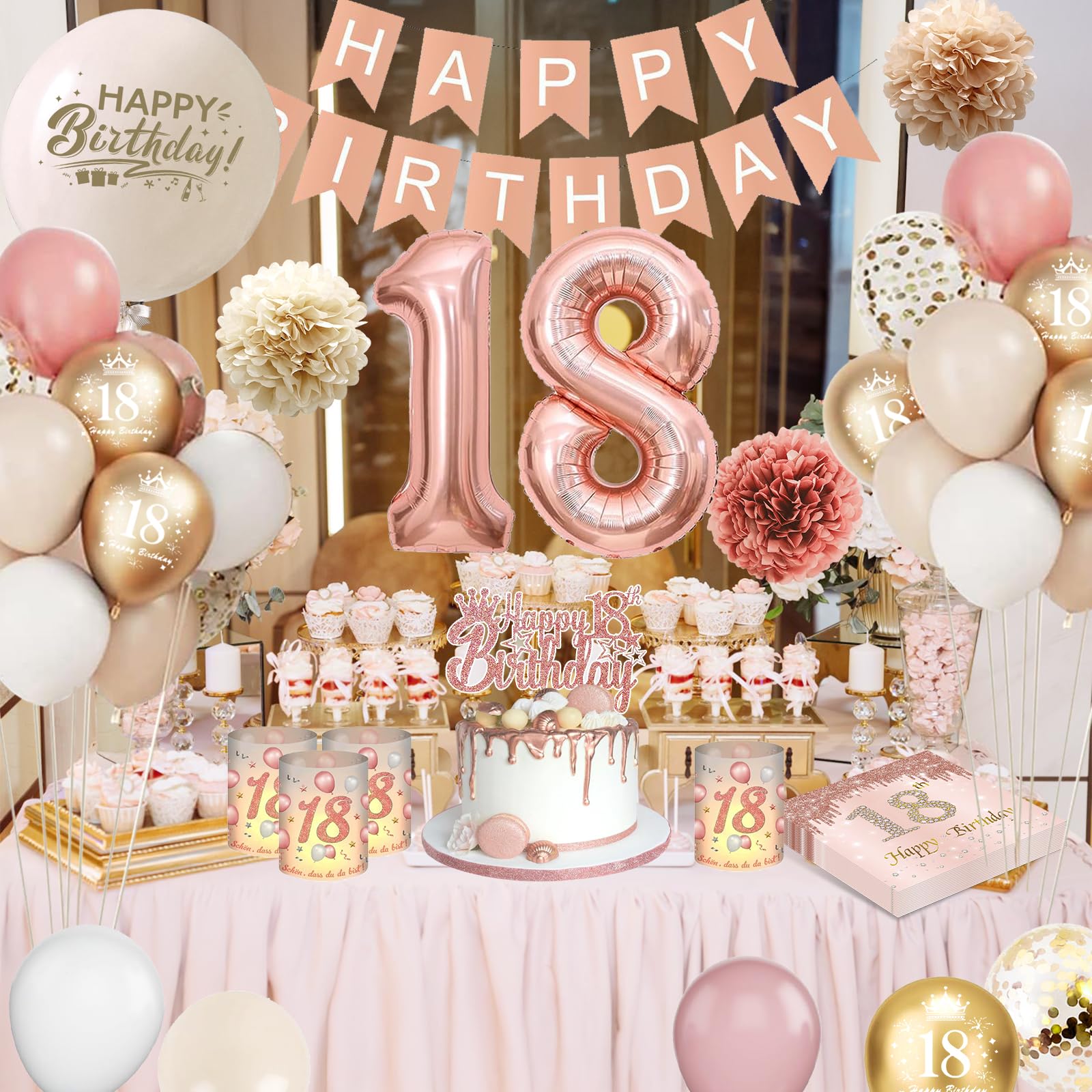 Verjaardagsdecoratie voor meisjes, beige-goud, 18 jaar