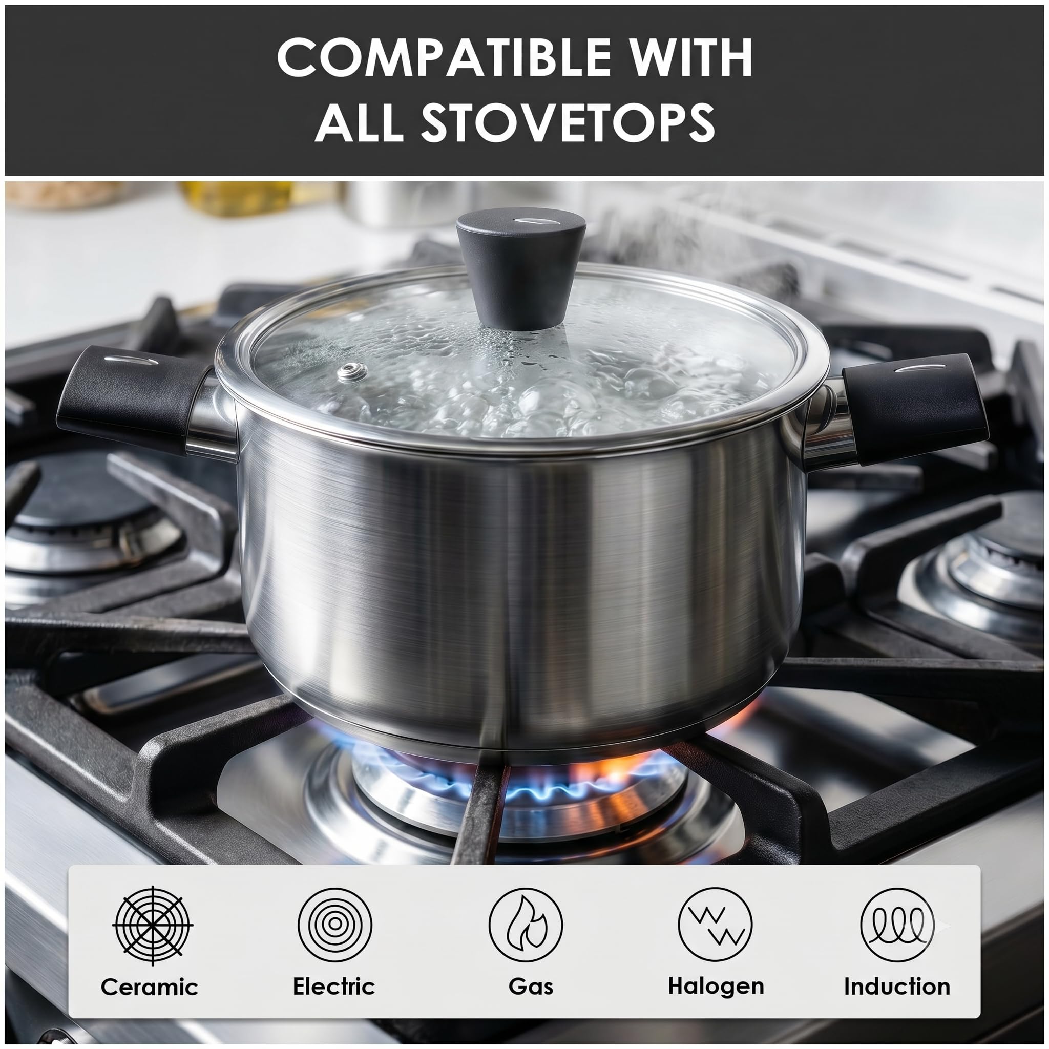 Set di pentole e padelle in acciaio inox, 6 pezzi, atossici, con coperchi in vetro, casseruola, pentola e padella, compatibili con induzione, lavabili in lavastoviglie, anche per